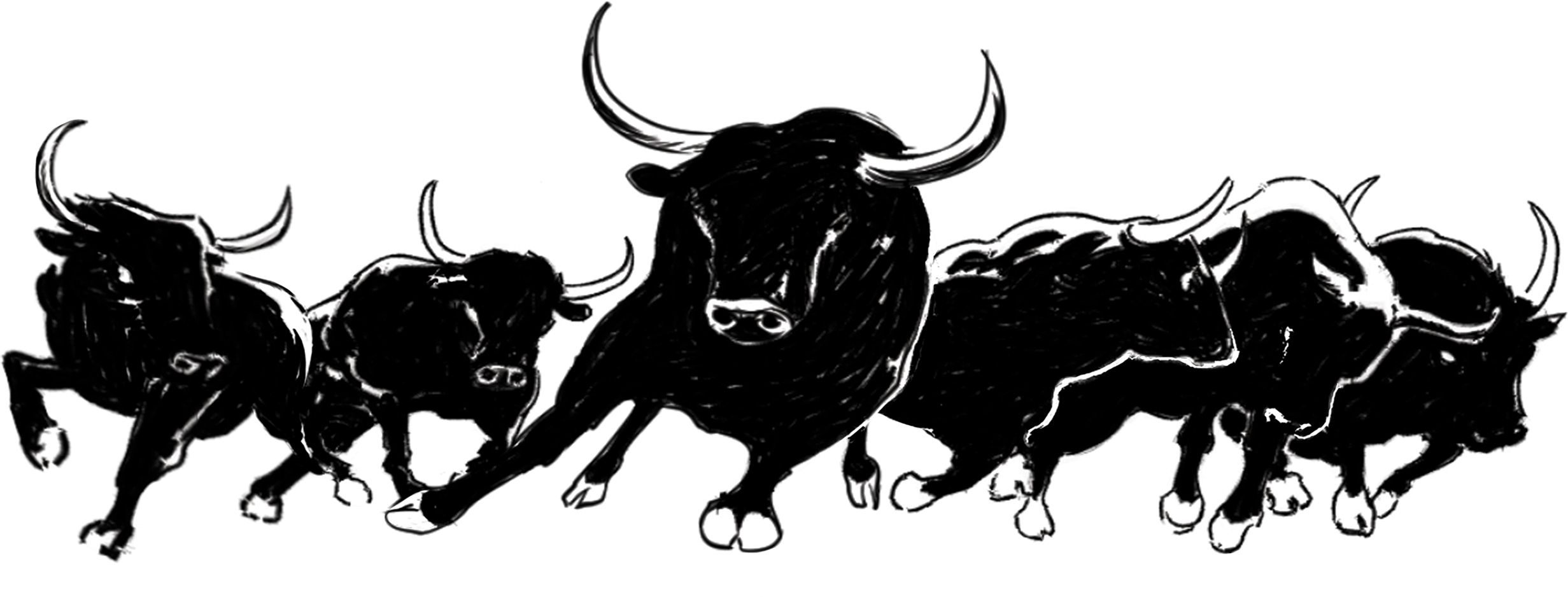 A line of black bulls with large horns stampedes across a landscape of digital ones and zeros.