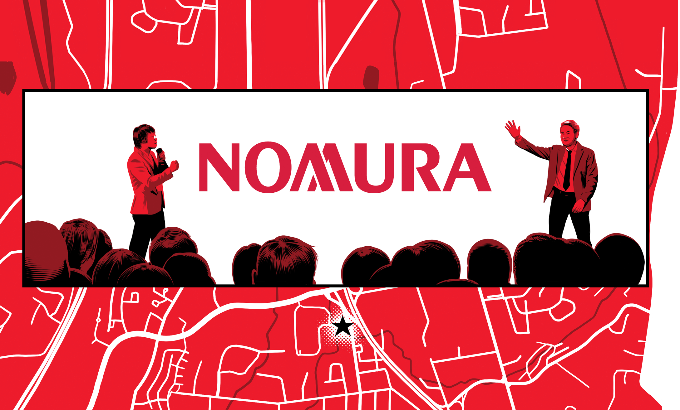 Two executives on a stage with a large Nomura logo as a backdrop. One says: The equity markets are being dramatically reshaped globally as a result of the current environment and the accompanying demand for transparent, agency-driven execution. The other adds: The changes announced today uniquely position Nomura to take advantage of—and evolve with—the new market environment.
