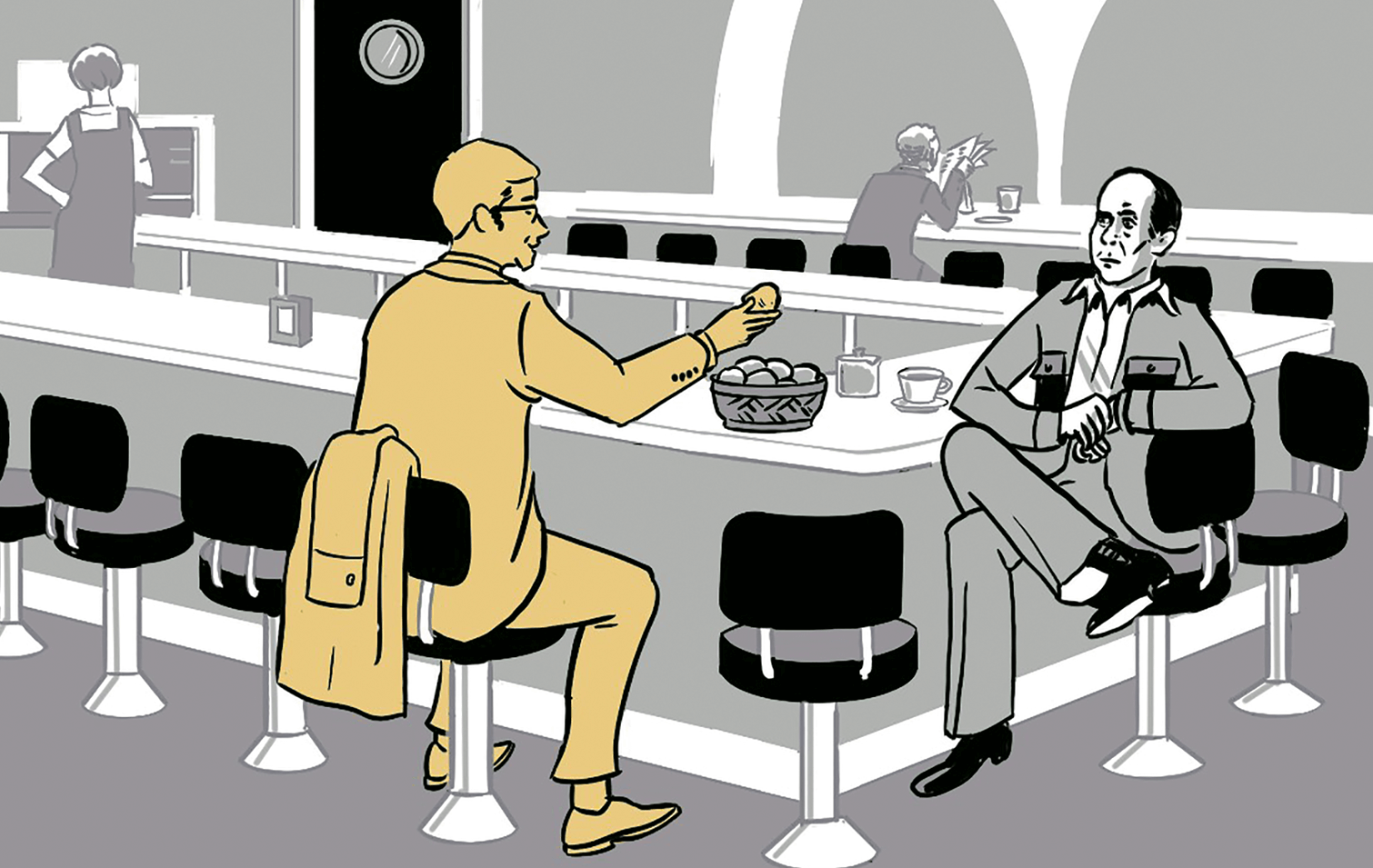 Jerome sits with Herbert Behrens at a lunch counter. He says: I’ve been thinking. What if we could do more than just look up holding and prices?