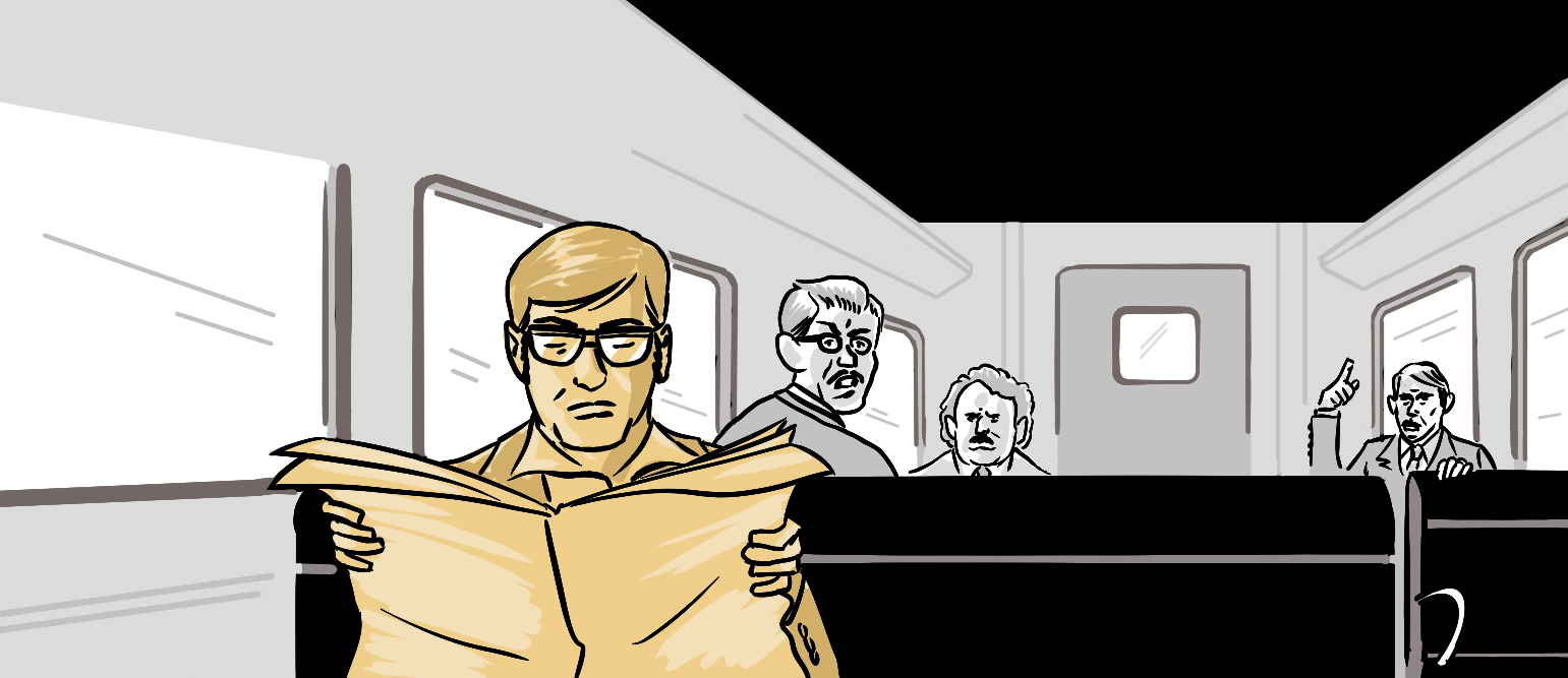Jerome sits on the train reading a paper.  Voices of passengers behind him say: You can’t trade securities with a computer. It takes instinct. And guts!