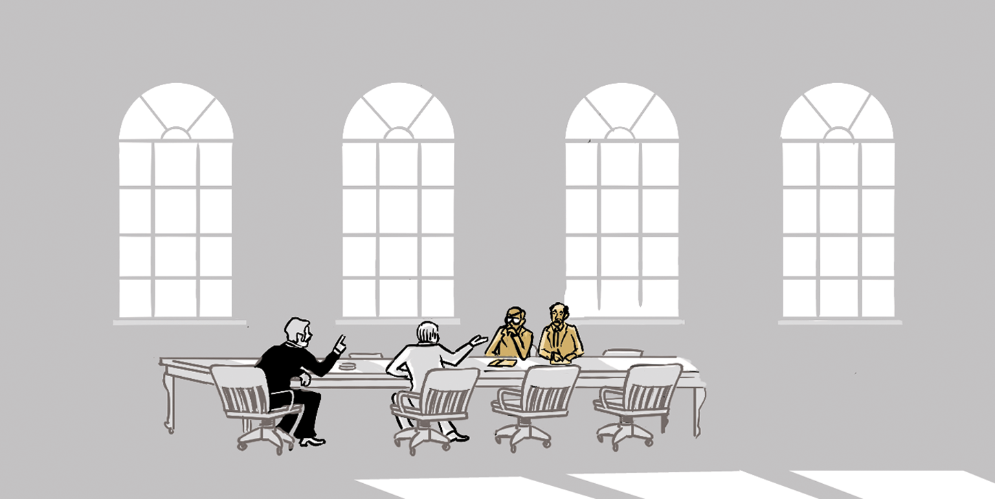 Businessmen meeting in a luxurious boardroom. One says: We fill out a card for every order. When we take more than a dozen order cards to the broker, he starts to get confused. Other executives respond: And what if something happens to that guy? It's risky! There's got to be a better way. 