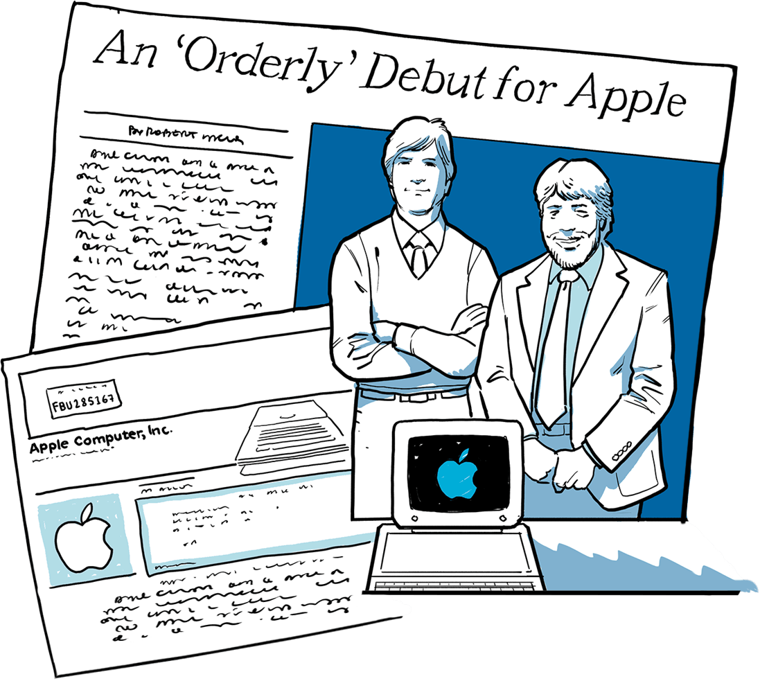 A newspaper headline reads "An orderly debut for Apple" next to a picture of Steve Jobs and Steve Wozniak.