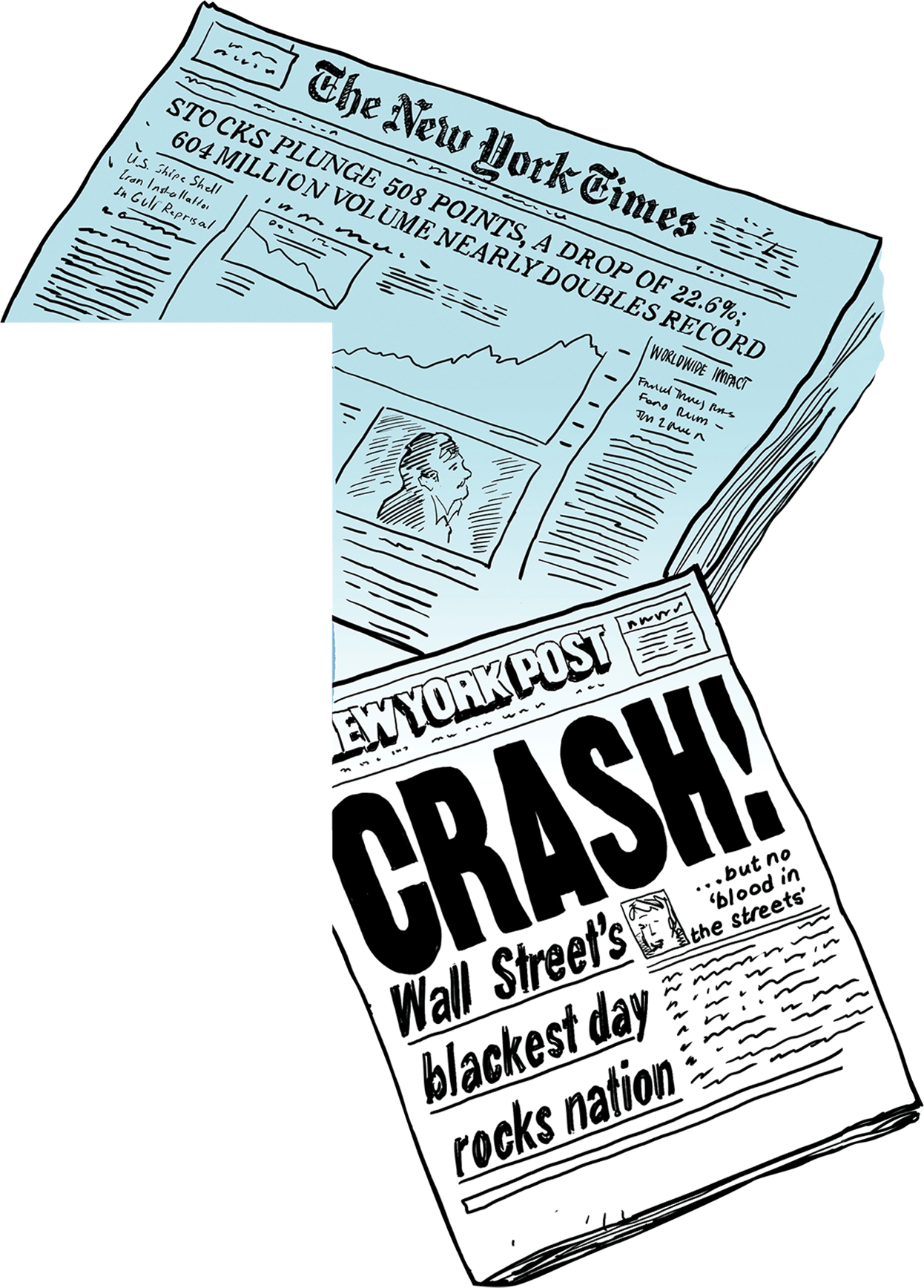 Newspaper headlines shout "Crash!" and "Panic!"