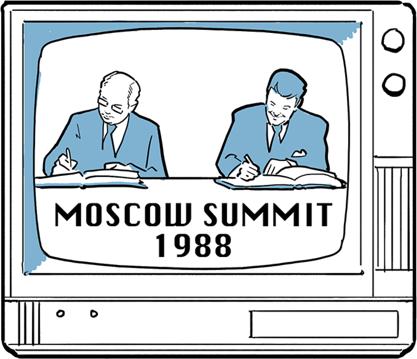 Events shown on old tube television screens: The 1988 Moscow summit; the 1989 Exxon Valdez oil spill; the 1989 Tiananmen Square riots.