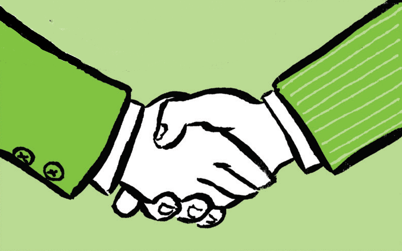 A close up of a handshake. The executive says: Jason, welcome to the Trimean team.