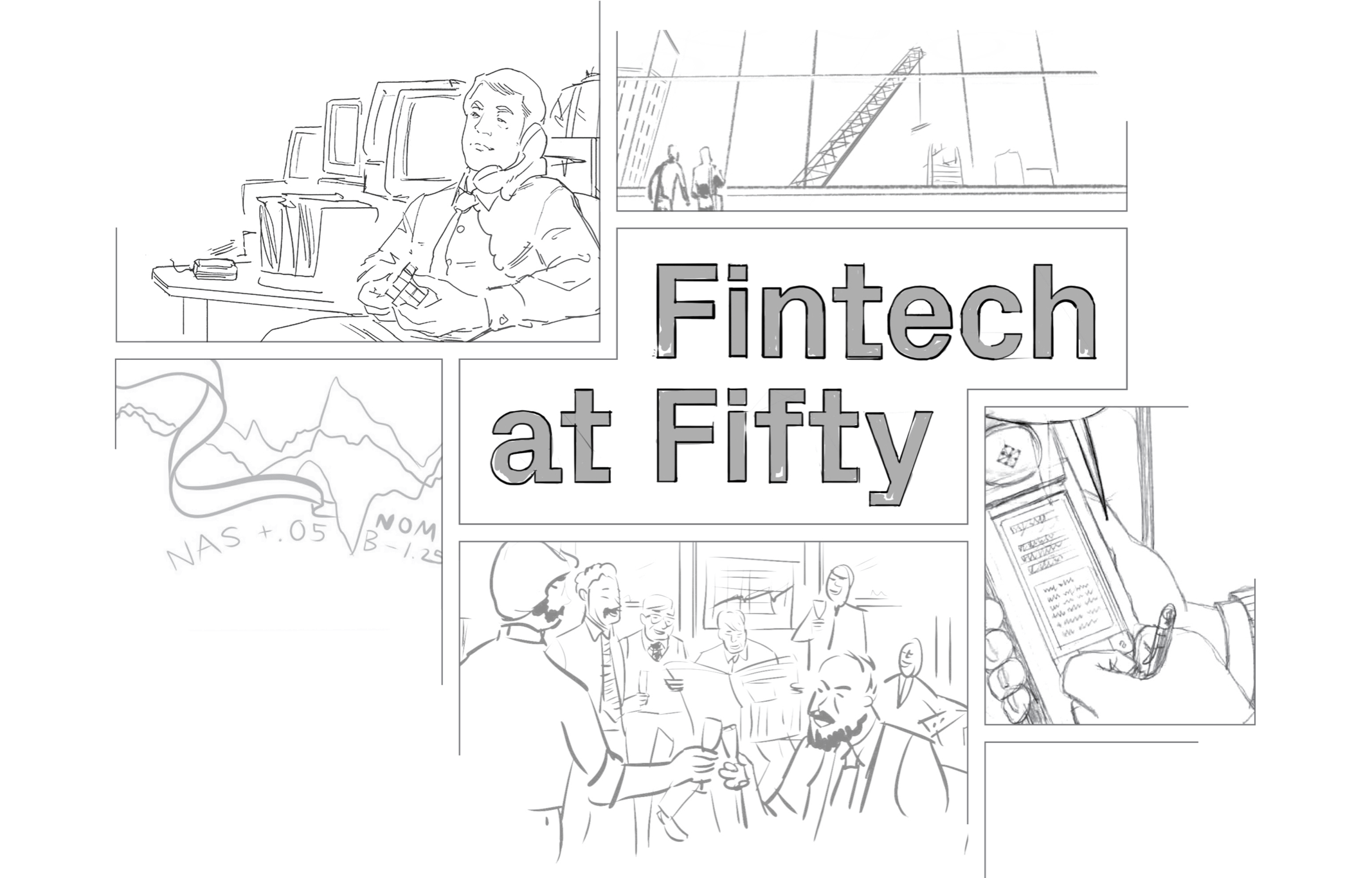 Pencil sketches of the artwork from several chapters of Fintech at Fifty.